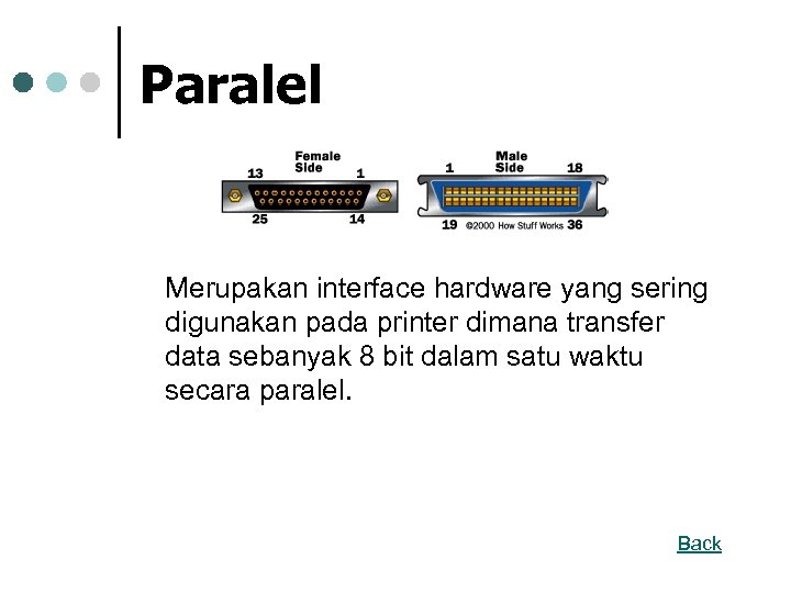 Paralel Merupakan interface hardware yang sering digunakan pada printer dimana transfer data sebanyak 8