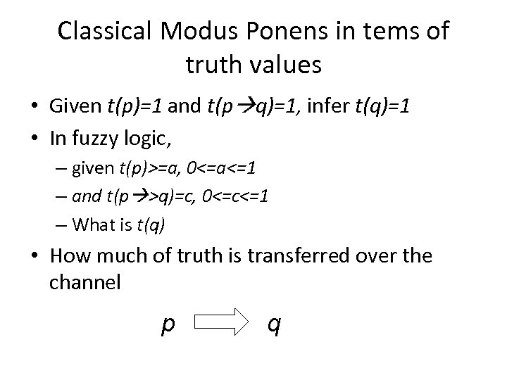 Classical Modus Ponens in tems of truth values • Given t(p)=1 and t(p q)=1,