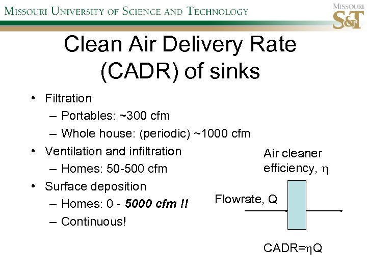 Clean Air Delivery Rate (CADR) of sinks • Filtration – Portables: ~300 cfm –