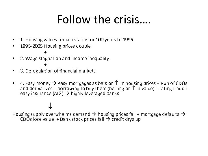 Follow the crisis…. • 1. Housing values remain stable for 100 years to 1995