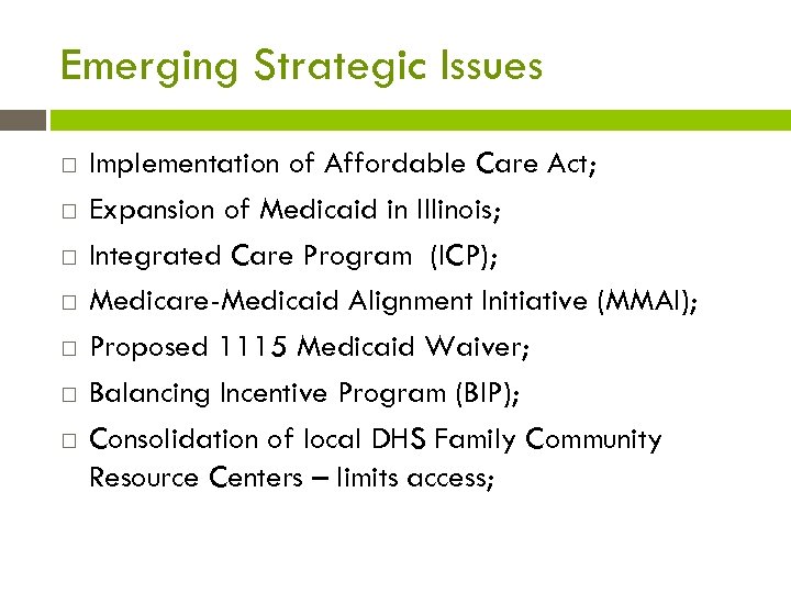 Emerging Strategic Issues Implementation of Affordable Care Act; Expansion of Medicaid in Illinois; Integrated