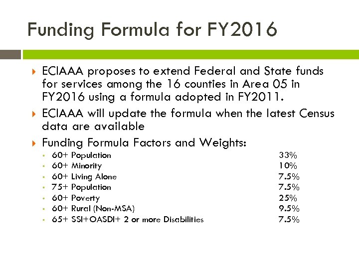 Funding Formula for FY 2016 ECIAAA proposes to extend Federal and State funds for