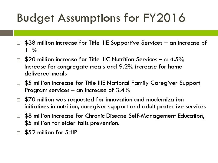 Budget Assumptions for FY 2016 $38 million increase for Title IIIE Supportive Services –