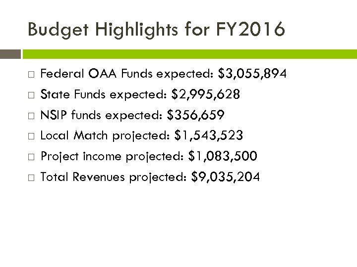 Budget Highlights for FY 2016 Federal OAA Funds expected: $3, 055, 894 State Funds