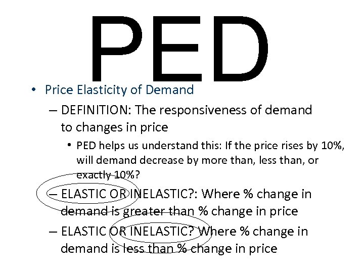 PED • Price Elasticity of Demand – DEFINITION: The responsiveness of demand to changes