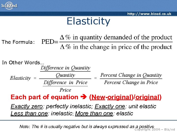 Elasticity http: //www. bized. co. uk The Formula: In Other Words… If answer is