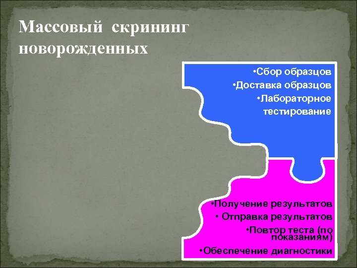 Массовый скрининг новорожденных • Сбор образцов • Доставка образцов • Лабораторное тестирование • Получение