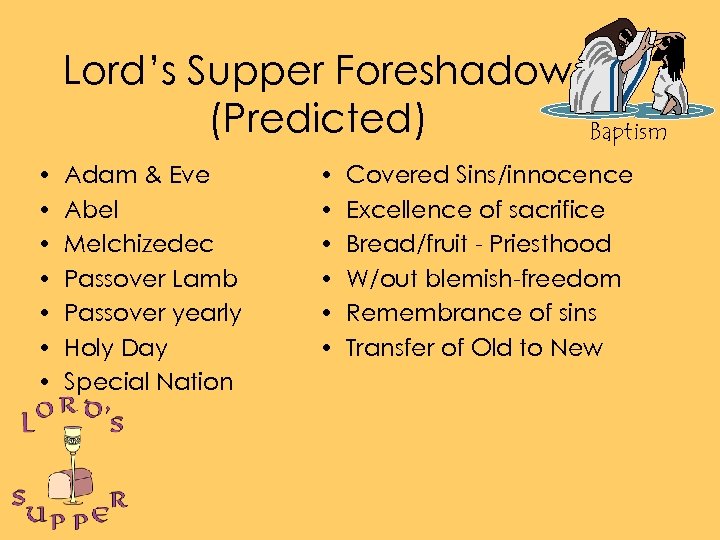 Lord’s Supper Foreshadow (Predicted) • • Adam & Eve Abel Melchizedec Passover Lamb Passover