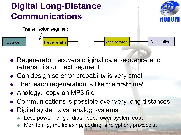 Digital Long-Distance Communications Transmission segment Source Regenerator . . . Regenerator Destination Regenerator recovers