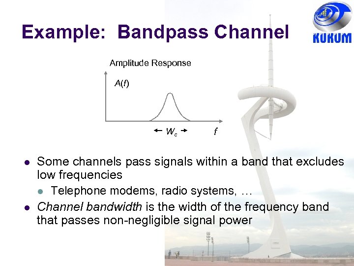 Example: Bandpass Channel Amplitude Response A(f) Wc f Some channels pass signals within a