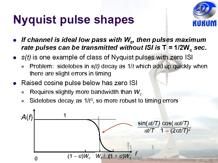 Nyquist pulse shapes If channel is ideal low pass with Wc, then pulses maximum