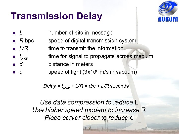 Transmission Delay L R bps L/R tprop d c number of bits in message