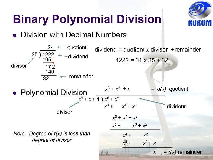Binary Polynomial Division with Decimal Numbers 34 35 ) 1222 105 divisor 17 2