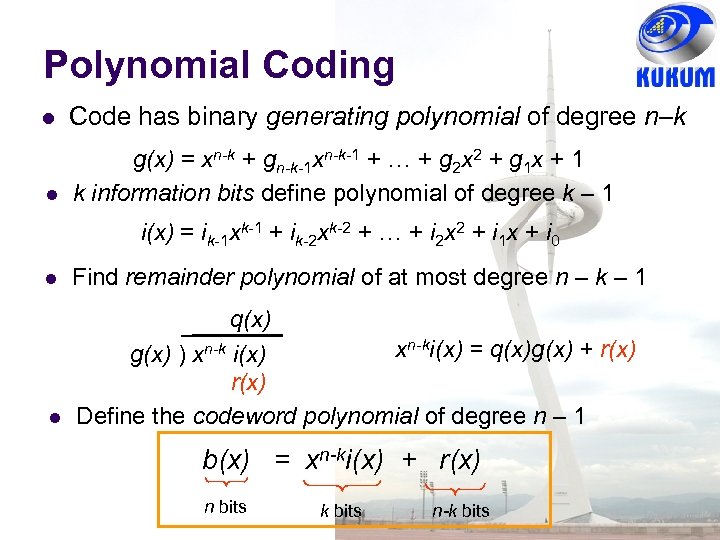 Polynomial Coding Code has binary generating polynomial of degree n–k g(x) = xn-k +
