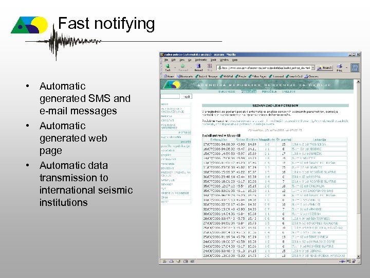 Fast notifying • Automatic generated SMS and e-mail messages • Automatic generated web page
