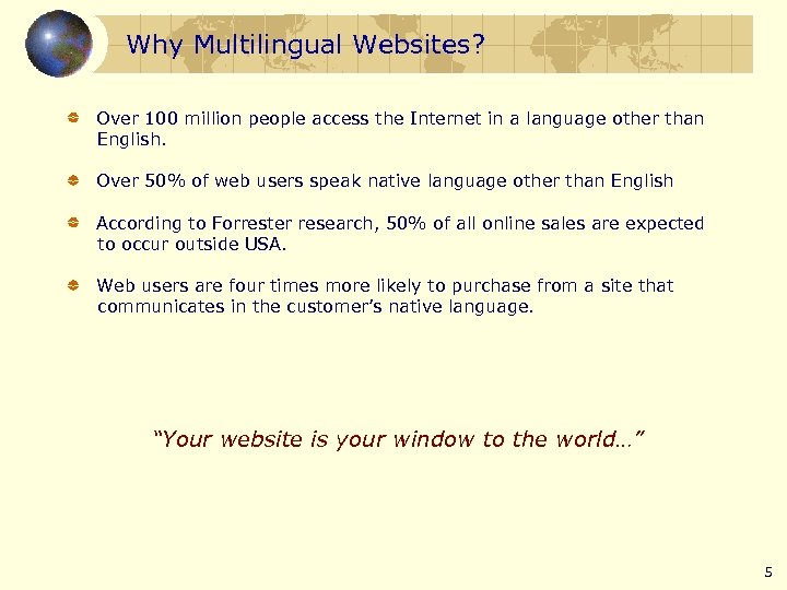 Why Multilingual Websites? Over 100 million people access the Internet in a language other