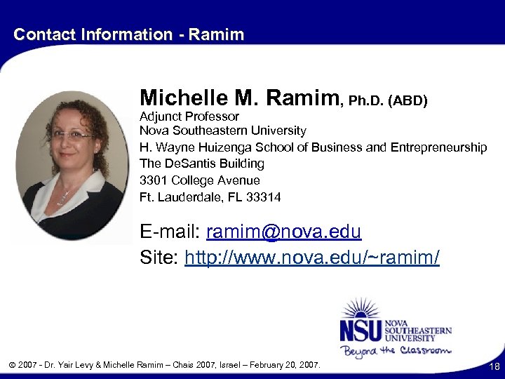 Contact Information - Ramim Michelle M. Ramim, Ph. D. (ABD) Adjunct Professor Nova Southeastern
