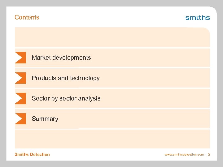 Contents Market developments Products and technology Sector by sector analysis Summary Smiths Detection www.