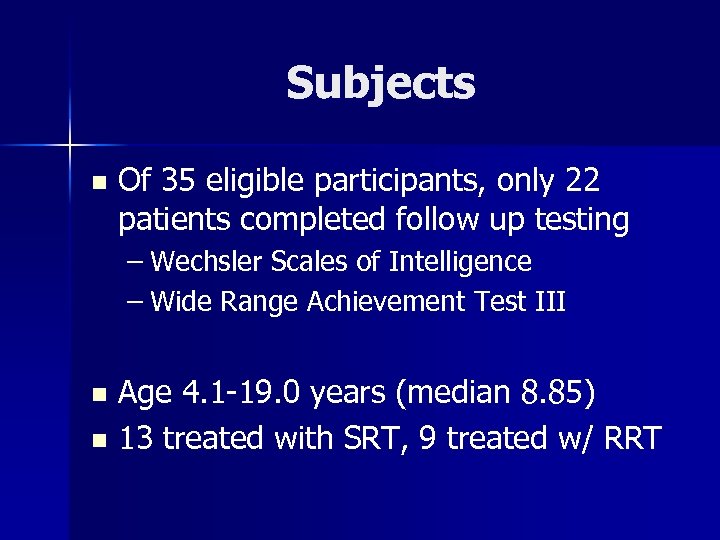 Subjects n Of 35 eligible participants, only 22 patients completed follow up testing –