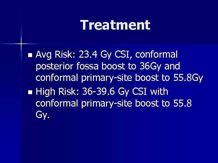 Treatment Avg Risk: 23. 4 Gy CSI, conformal posterior fossa boost to 36 Gy