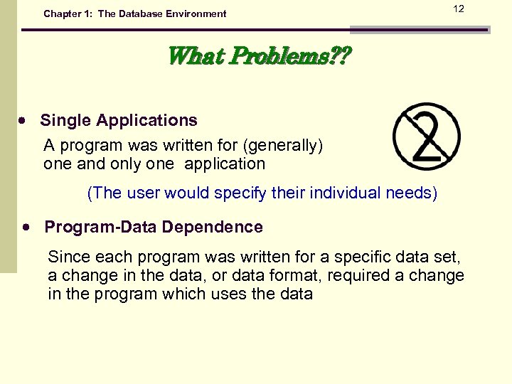 Chapter 1: The Database Environment 12 What Problems? ? Single Applications A program was