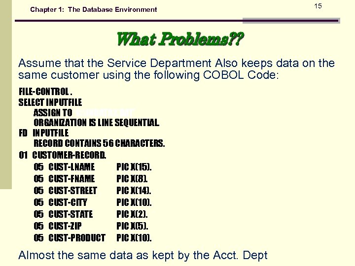 Chapter 1: The Database Environment 15 What Problems? ? Assume that the Service Department