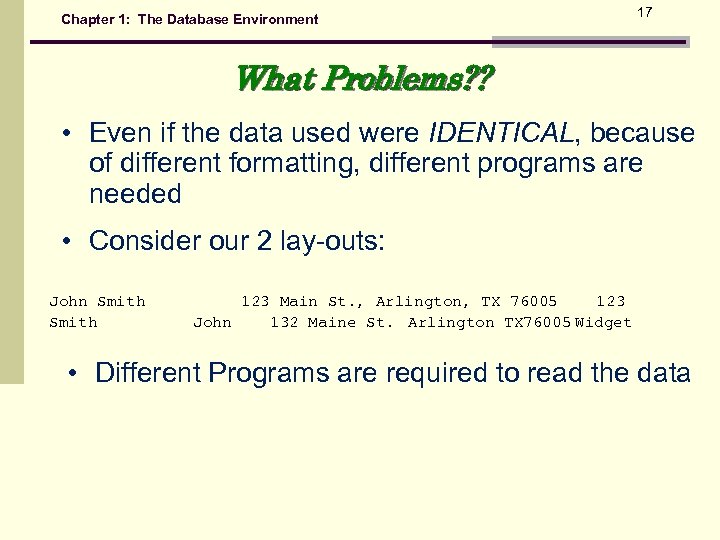 Chapter 1: The Database Environment 17 What Problems? ? • Even if the data