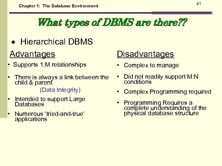 41 Chapter 1: The Database Environment What types of DBMS are there? ? Hierarchical