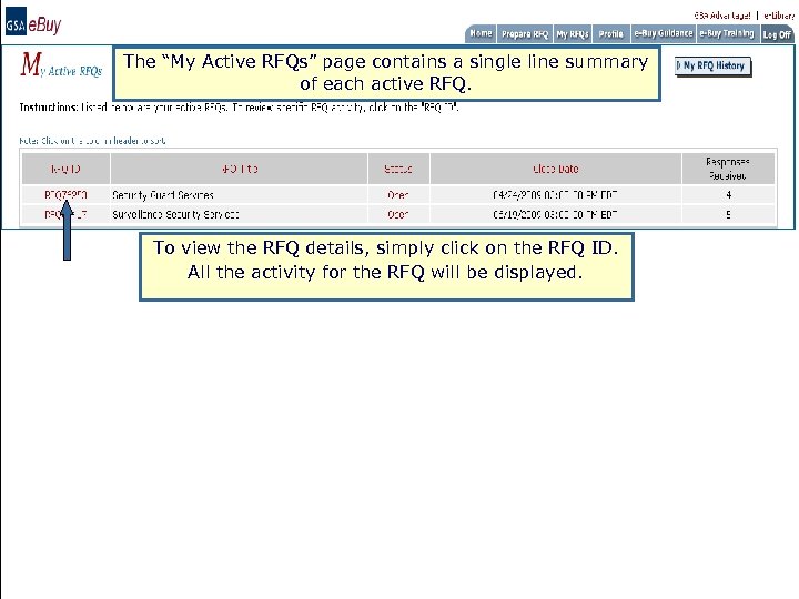 The “My Active RFQs” page contains a single line summary of each active RFQ.