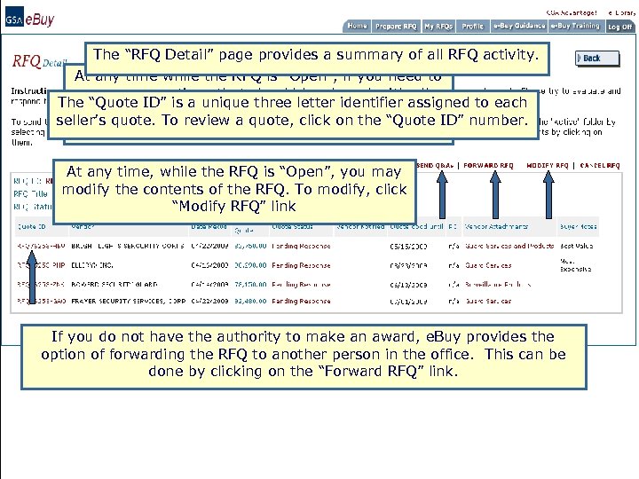 The “RFQ Detail” page provides a summary of all RFQ activity. At any time