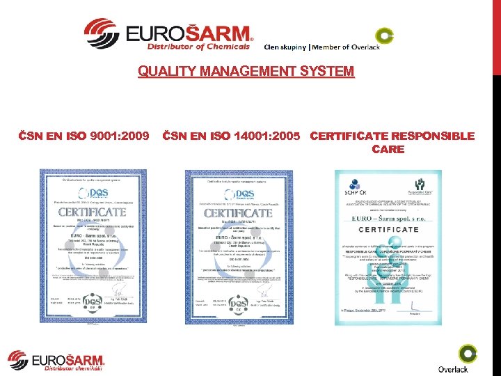 QUALITY MANAGEMENT SYSTEM ČSN EN ISO 9001: 2009 ČSN EN ISO 14001: 2005 CERTIFICATE