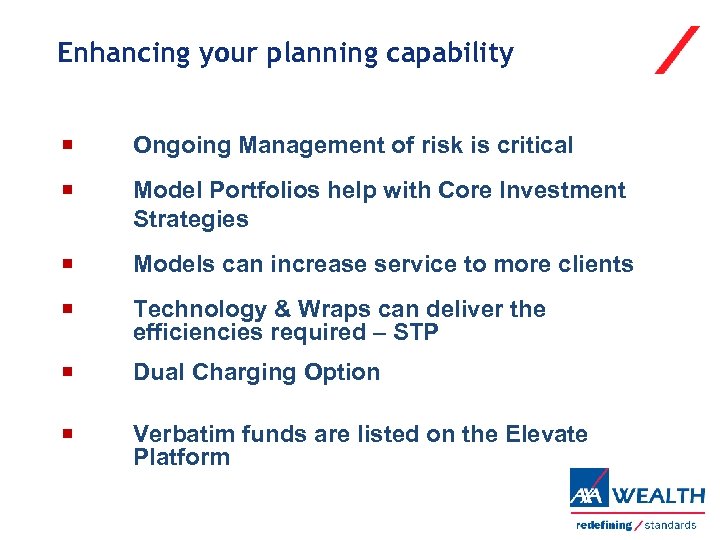 Enhancing your planning capability Ongoing Management of risk is critical Model Portfolios help with
