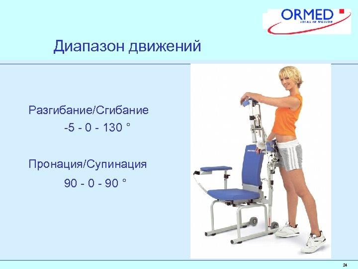 Диапазон движений Разгибание/Сгибание -5 - 0 - 130 ° Пронация/Супинация 90 - 90 °