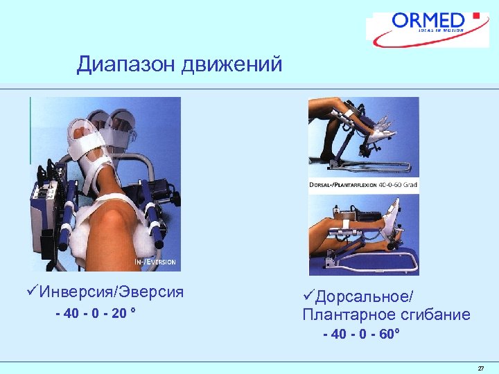 Диапазон движений üИнверсия/Эверсия - 40 - 20 ° üДорсальное/ Плантарное сгибание - 40 -