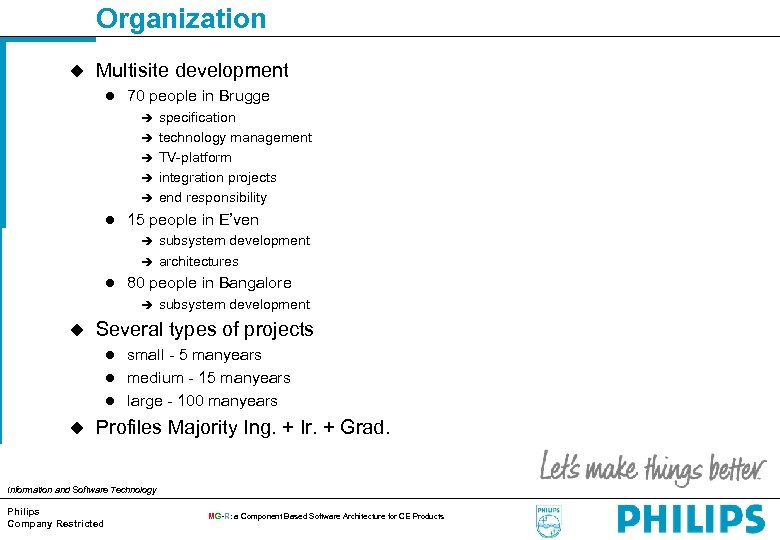 Organization u Multisite development l 70 people in Brugge è è è l specification