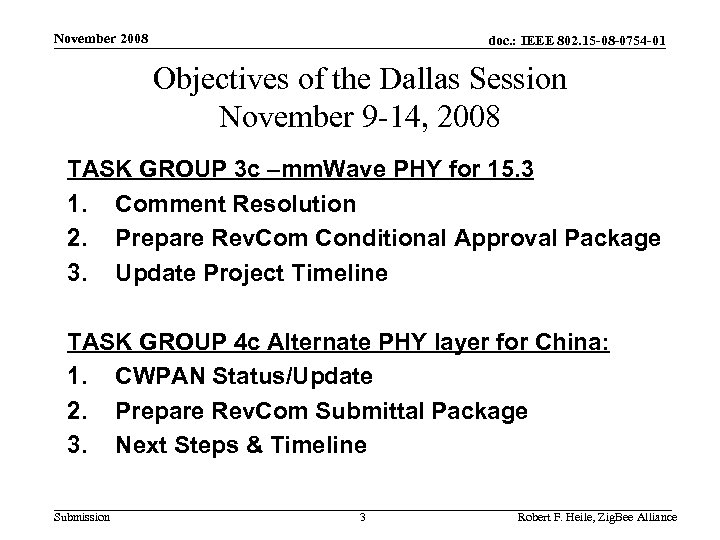 November 2008 doc. : IEEE 802. 15 -08 -0754 -01 Objectives of the Dallas