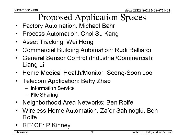 November 2008 doc. : IEEE 802. 15 -08 -0754 -01 Proposed Application Spaces •