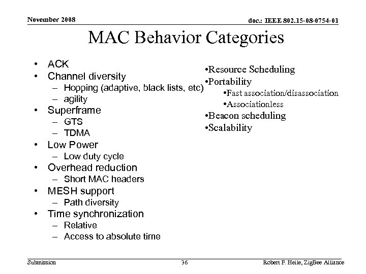 November 2008 doc. : IEEE 802. 15 -08 -0754 -01 MAC Behavior Categories •