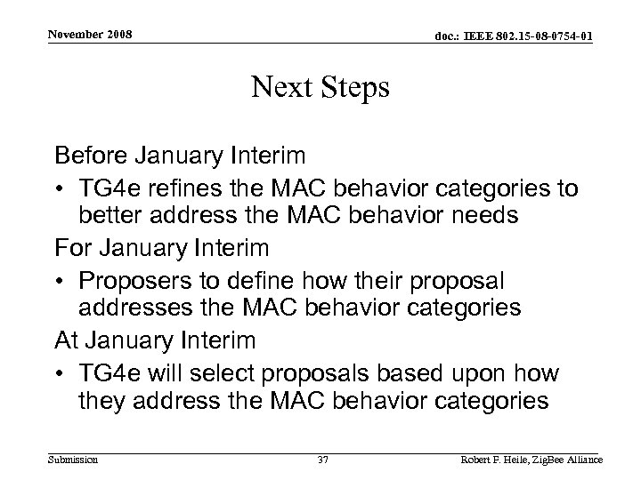 November 2008 doc. : IEEE 802. 15 -08 -0754 -01 Next Steps Before January