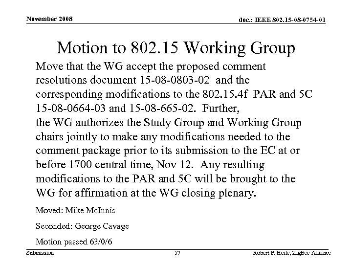 November 2008 doc. : IEEE 802. 15 -08 -0754 -01 Motion to 802. 15