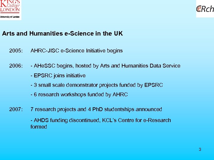 Arts and Humanities e-Science in the UK 2005: AHRC-JISC e-Science Initiative begins 2006: -