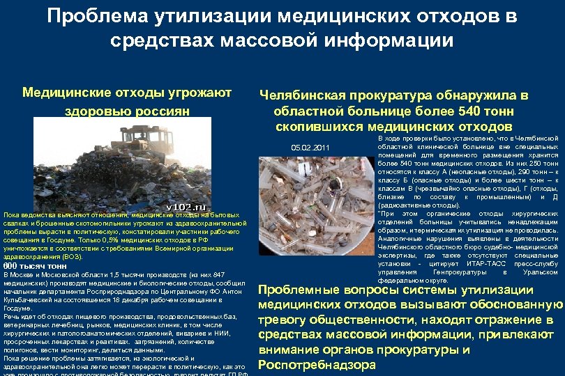 Проблема утилизации медицинских отходов в средствах массовой информации Медицинские отходы угрожают здоровью россиян Челябинская