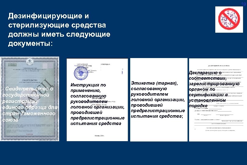 19 Дезинфицирующие и стерилизующие средства должны иметь следующие документы: - Свидетельство о государственной регистрации