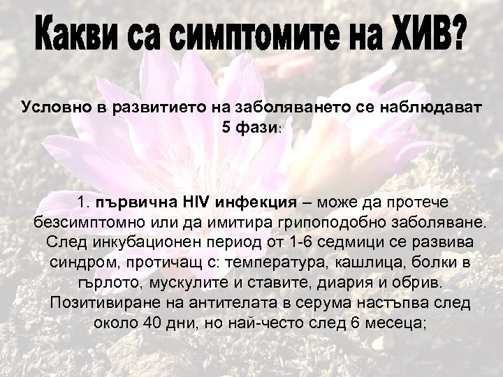 Условно в развитието на заболяването се наблюдават 5 фази: 1. първична HIV инфекция –
