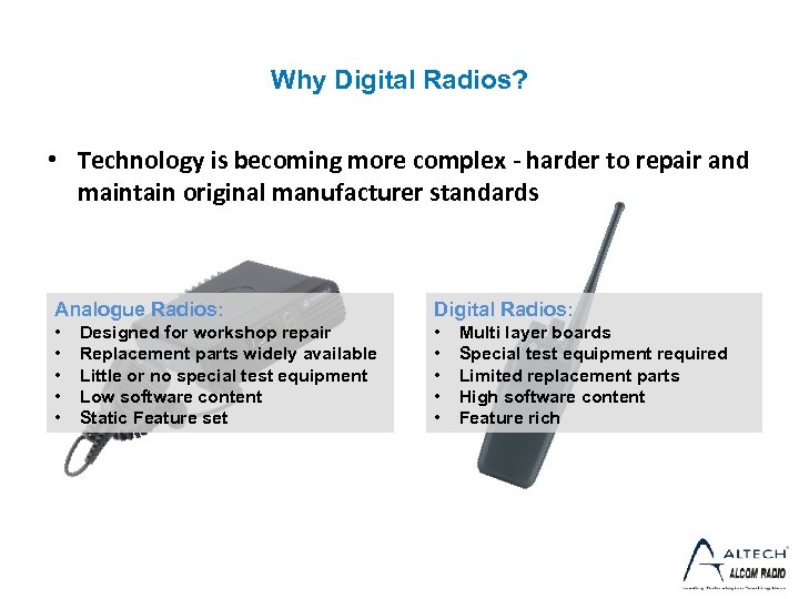 Why Digital Radios? • Technology is becoming more complex - harder to repair and