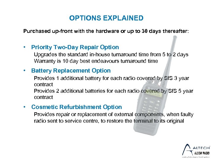 OPTIONS EXPLAINED Purchased up-front with the hardware or up to 30 days thereafter: •