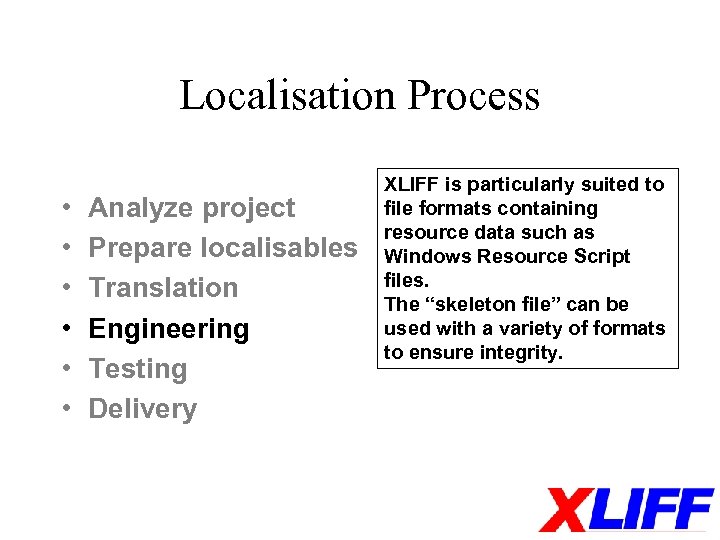 Localisation Process • • • Analyze project Prepare localisables Translation Engineering Testing Delivery XLIFF