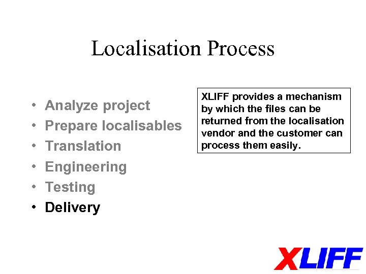 Localisation Process • • • Analyze project Prepare localisables Translation Engineering Testing Delivery XLIFF