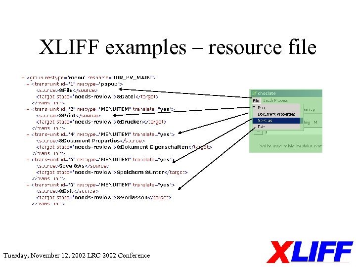 XLIFF examples – resource file Tuesday, November 12, 2002 LRC 2002 Conference 