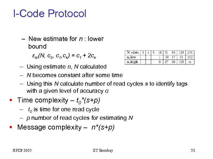 I-Code Protocol – New estimate for n : lower bound εlb(N, c 0, c